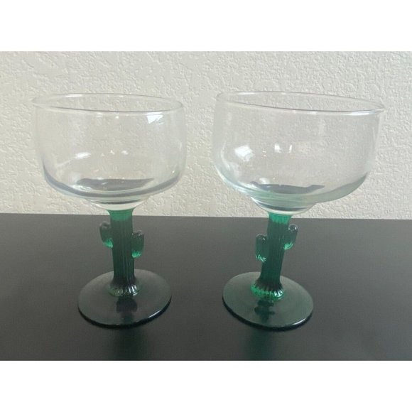 Cactus Stem Margarita Glasses Green 6" Tall Set of 2 Libbey Cocktail Glasses - Picture 1 of 5